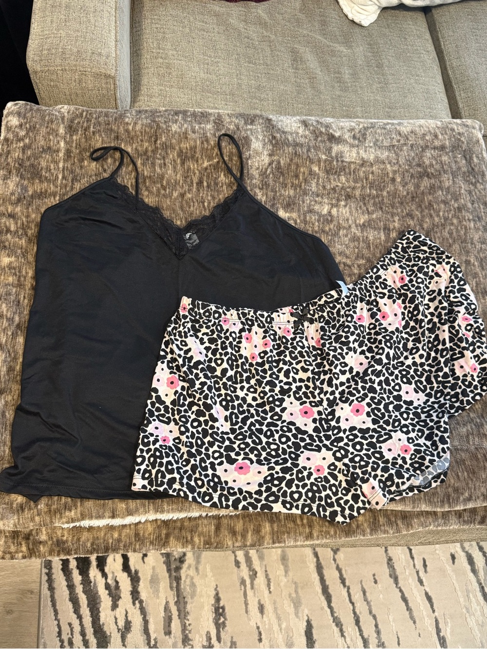 Flora Nikrooz Black Lace Cami with Pink Floral Leopard Sleep Shorts